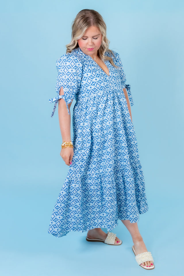 English Factory | Print Bow Tie Sleeve Tiered Midi Dress