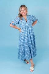English Factory | Print Bow Tie Sleeve Tiered Midi Dress