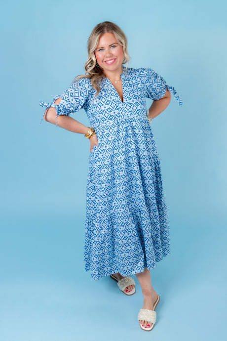 English Factory | Print Bow Tie Sleeve Tiered Midi Dress