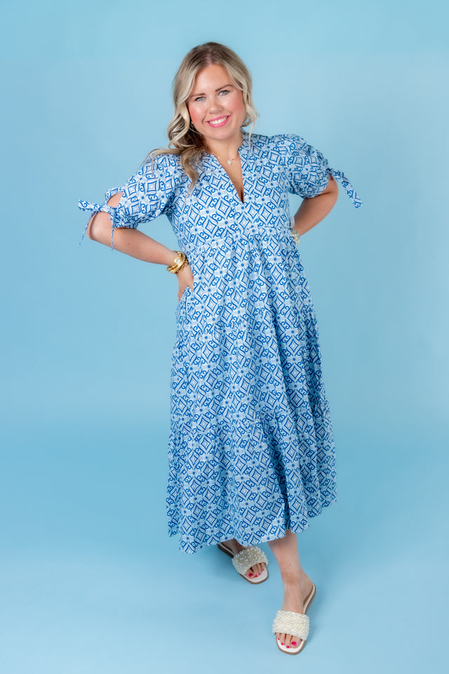 English Factory | Print Bow Tie Sleeve Tiered Midi Dress