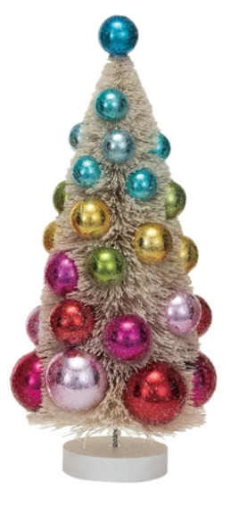 Sisal Bottle Brush Trees w/ Ornaments & Wood Bases