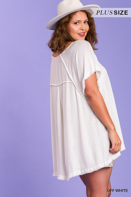 Pintuck High-Low Frayed Hem Linen Tunic Top