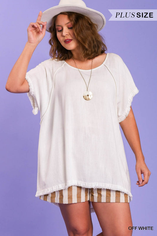 Pintuck High-Low Frayed Hem Linen Tunic Top