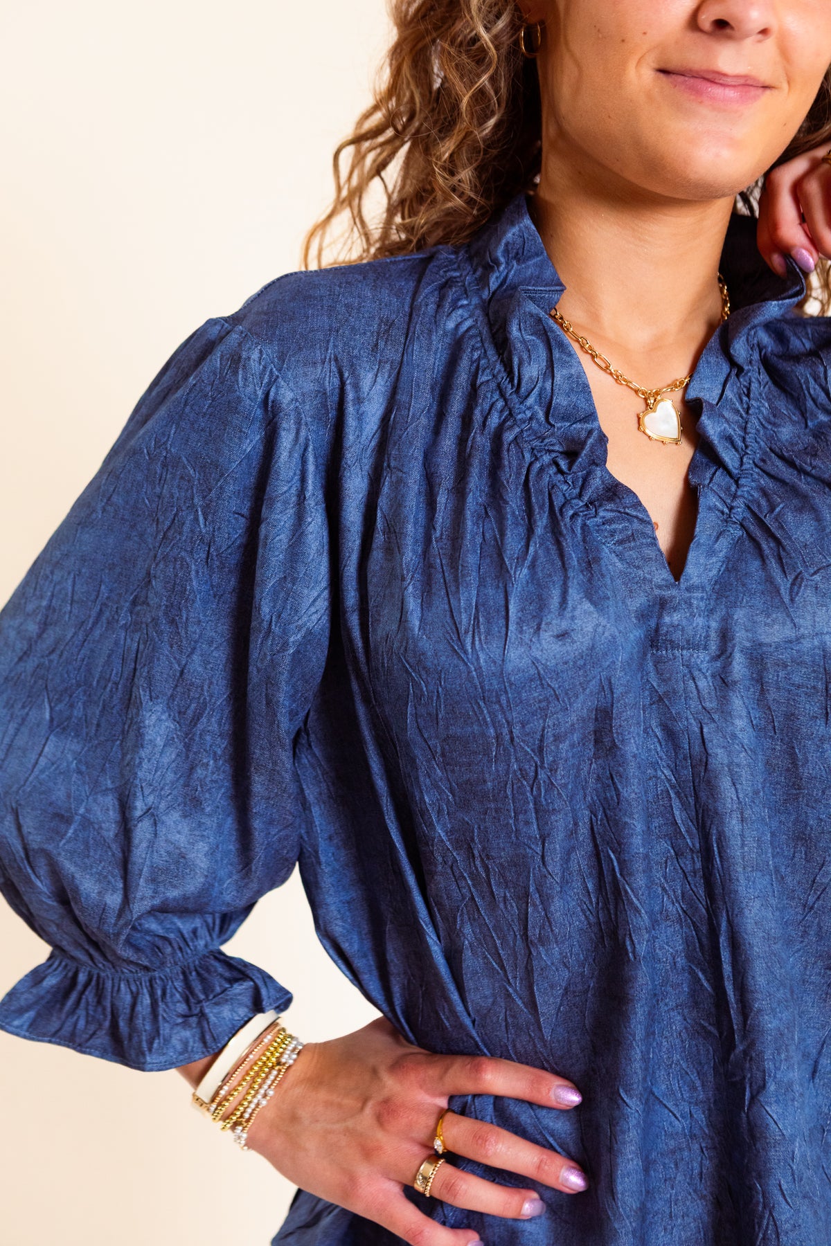 Lior | Ruffle V-Neck Blouse in Stone Blue