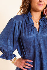 Lior | Ruffle V-Neck Blouse in Stone Blue