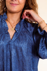Lior | Ruffle V-Neck Blouse in Stone Blue