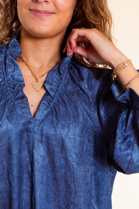 Lior | Ruffle V-Neck Blouse in Stone Blue