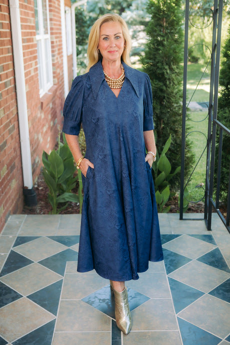 Lior | Amber Pointed Collar Navy Embossed Dress