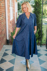Lior | Amber Pointed Collar Navy Embossed Dress