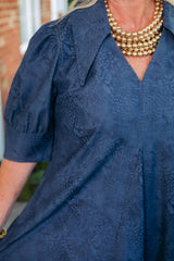 Lior | Amber Pointed Collar Navy Embossed Dress