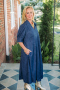 Lior | Amber Pointed Collar Navy Embossed Dress