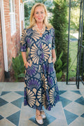 Lior | Amber Pointed Collar Sand Navy Dress