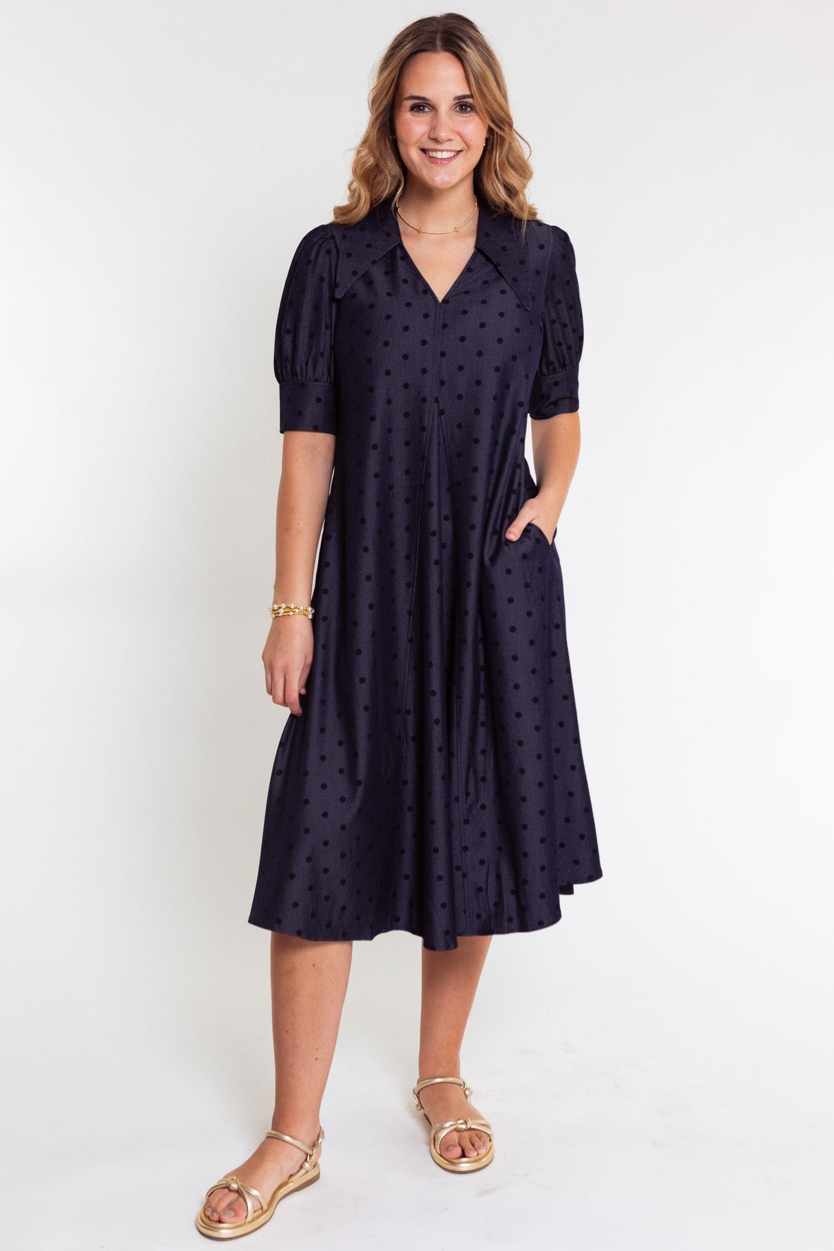 Lior | Pointed Collar Denim Dot Dress