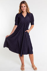 Lior | Pointed Collar Denim Dot Dress