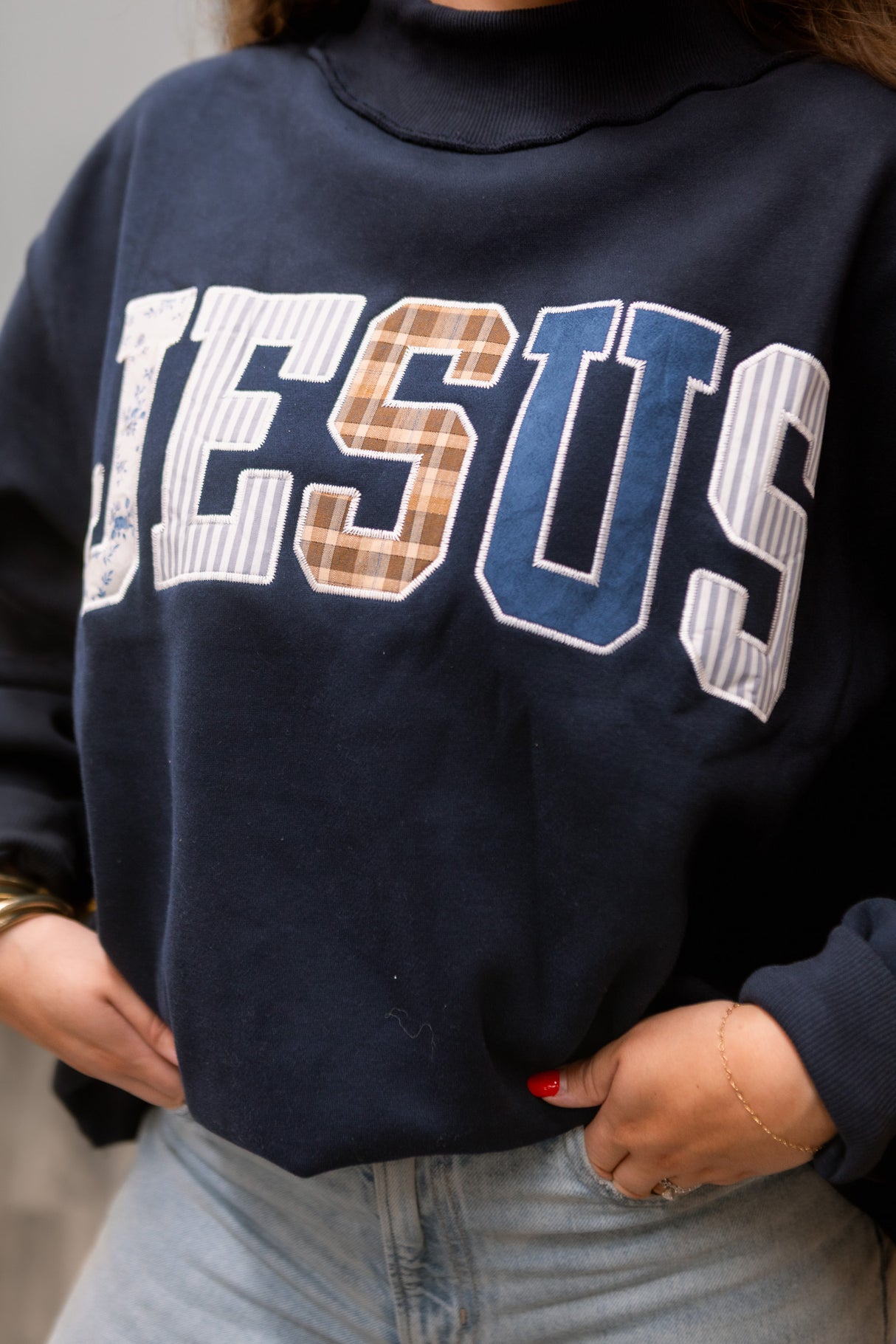 Jesus Embroidered Mock Neck Sweater