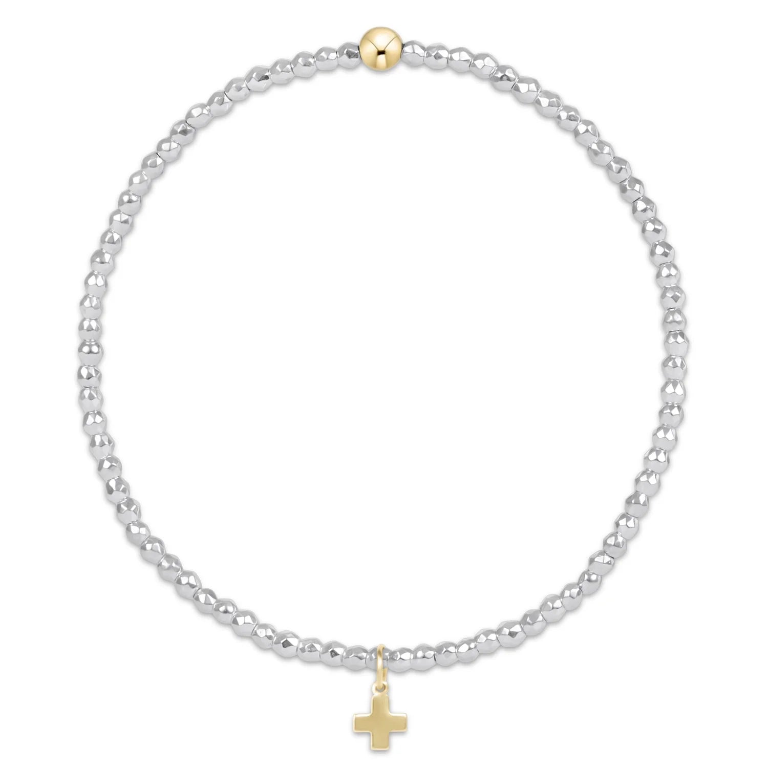 Enewton | Bright Silver Faceted Hematite 2mm bead bracelet - Signature cross gold charm