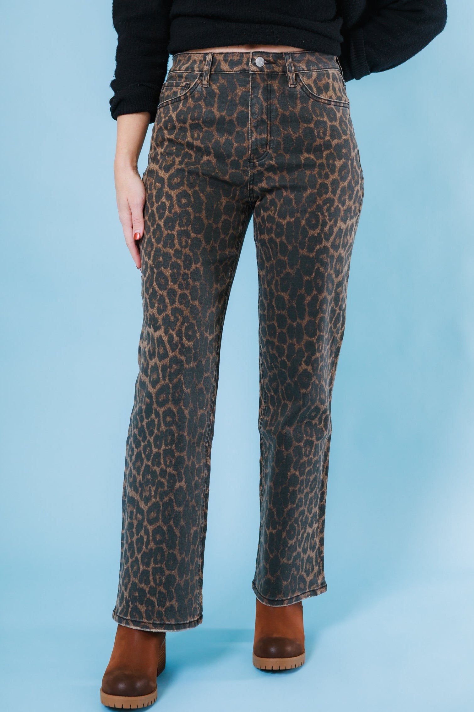 Flying Monkey | High Rise Leopard Print Slim Wide Jeans