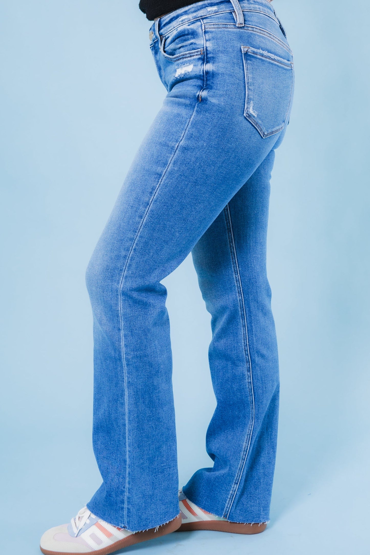 Vervet | Mid Rise Clean Cut Raw Hem Bootcut Jeans