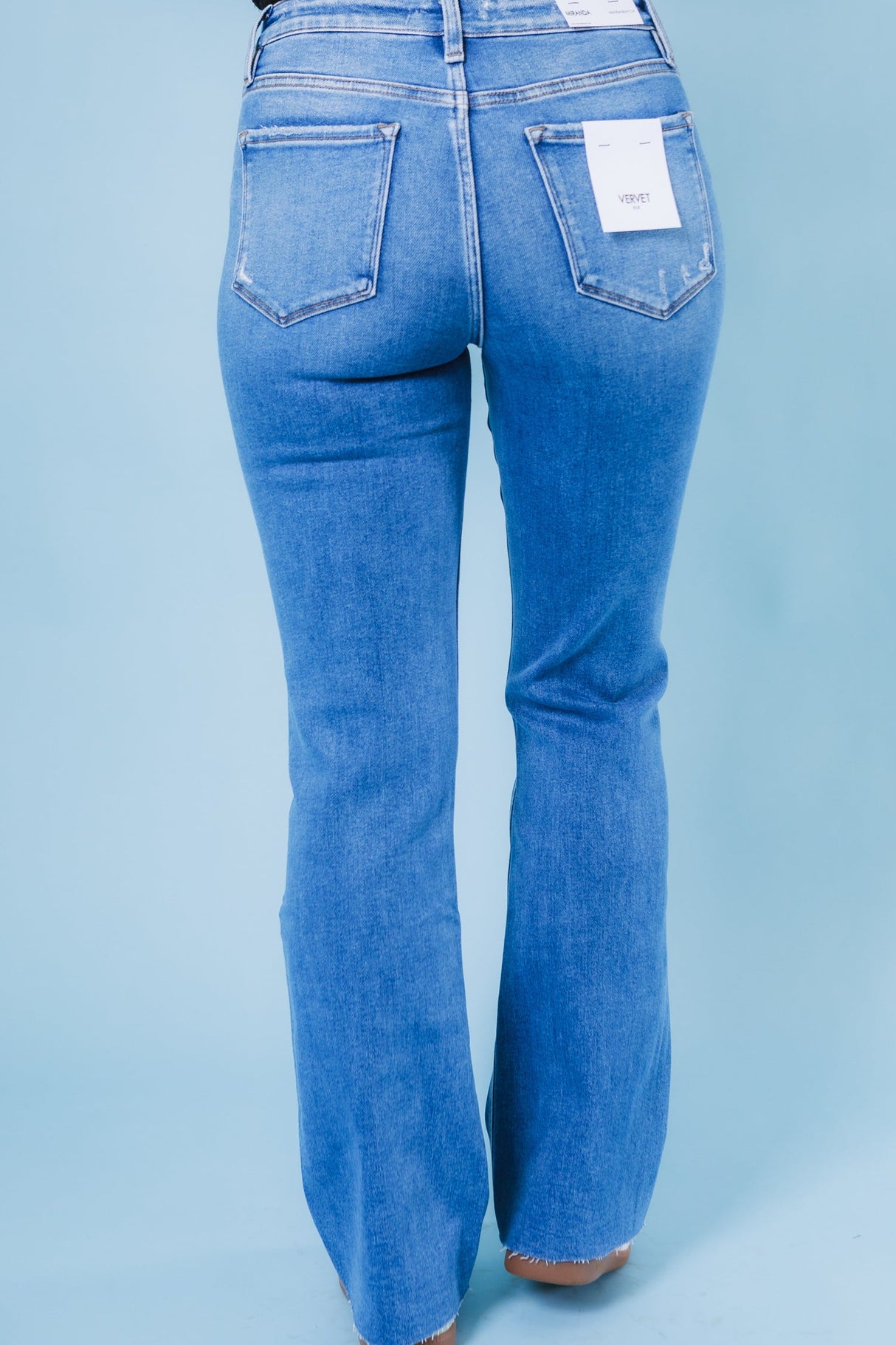 Vervet | Mid Rise Clean Cut Raw Hem Bootcut Jeans