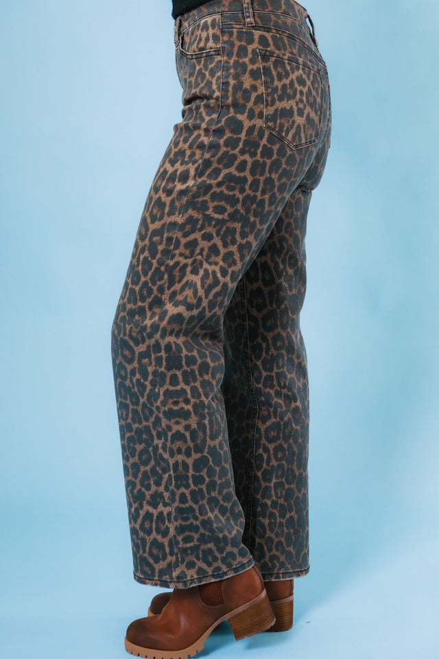 Flying Monkey | High Rise Leopard Print Slim Wide Jeans