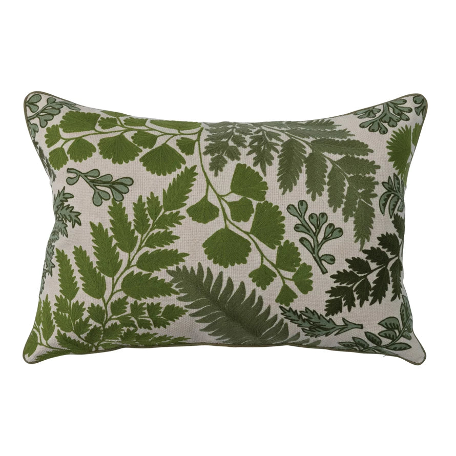 24" x 16" Cotton Embroidered Lumbar Pillow w/ Botanicals, Polyester Fill