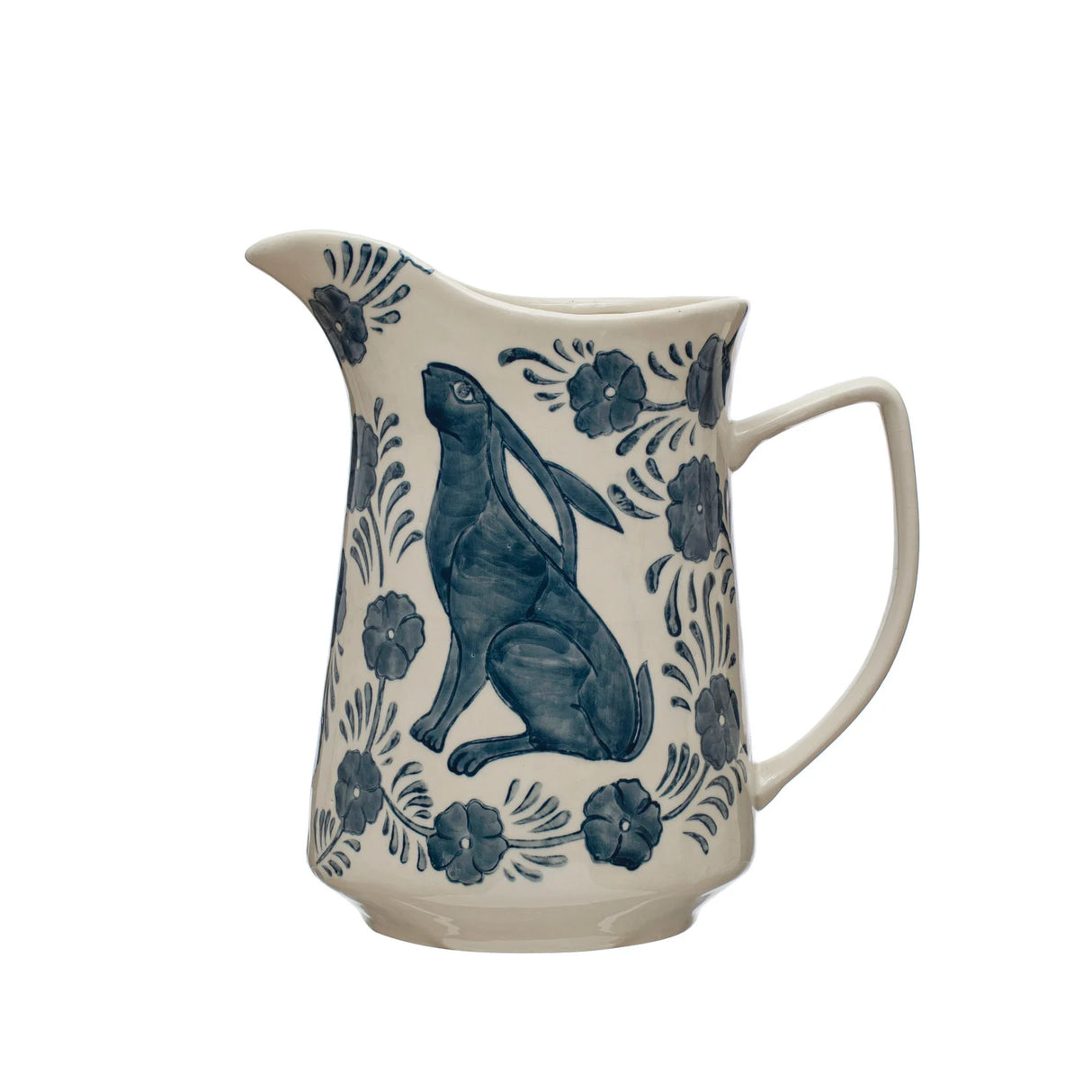 Creative Co-Op | 3 Quart Hand-Painted Stoneware Pitcher w/ Rabbit & Flowers, Blue & White