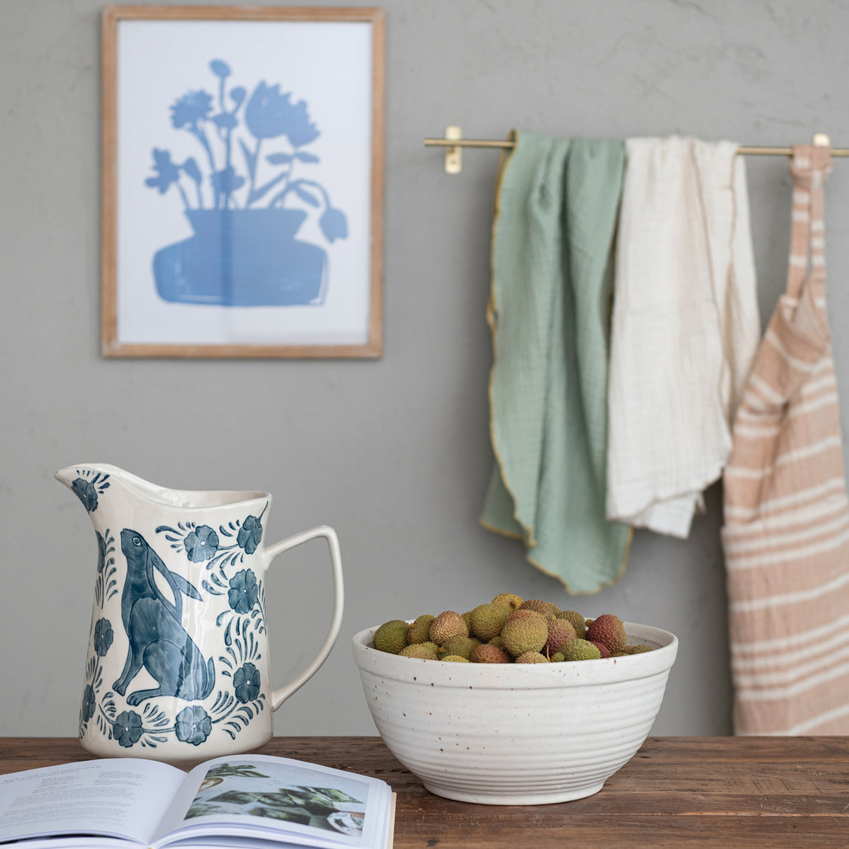 Creative Co-Op | 3 Quart Hand-Painted Stoneware Pitcher w/ Rabbit & Flowers, Blue & White
