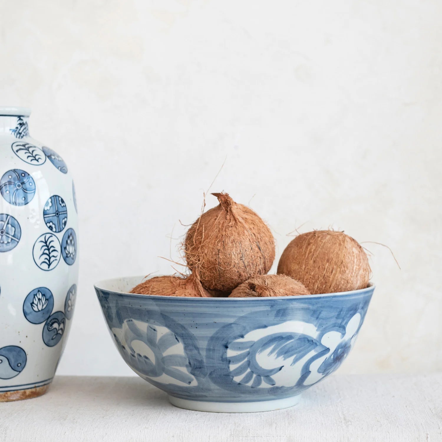 Creative Co-Op | Hand-Painted Stoneware Bowl w/ Design, Blue & White