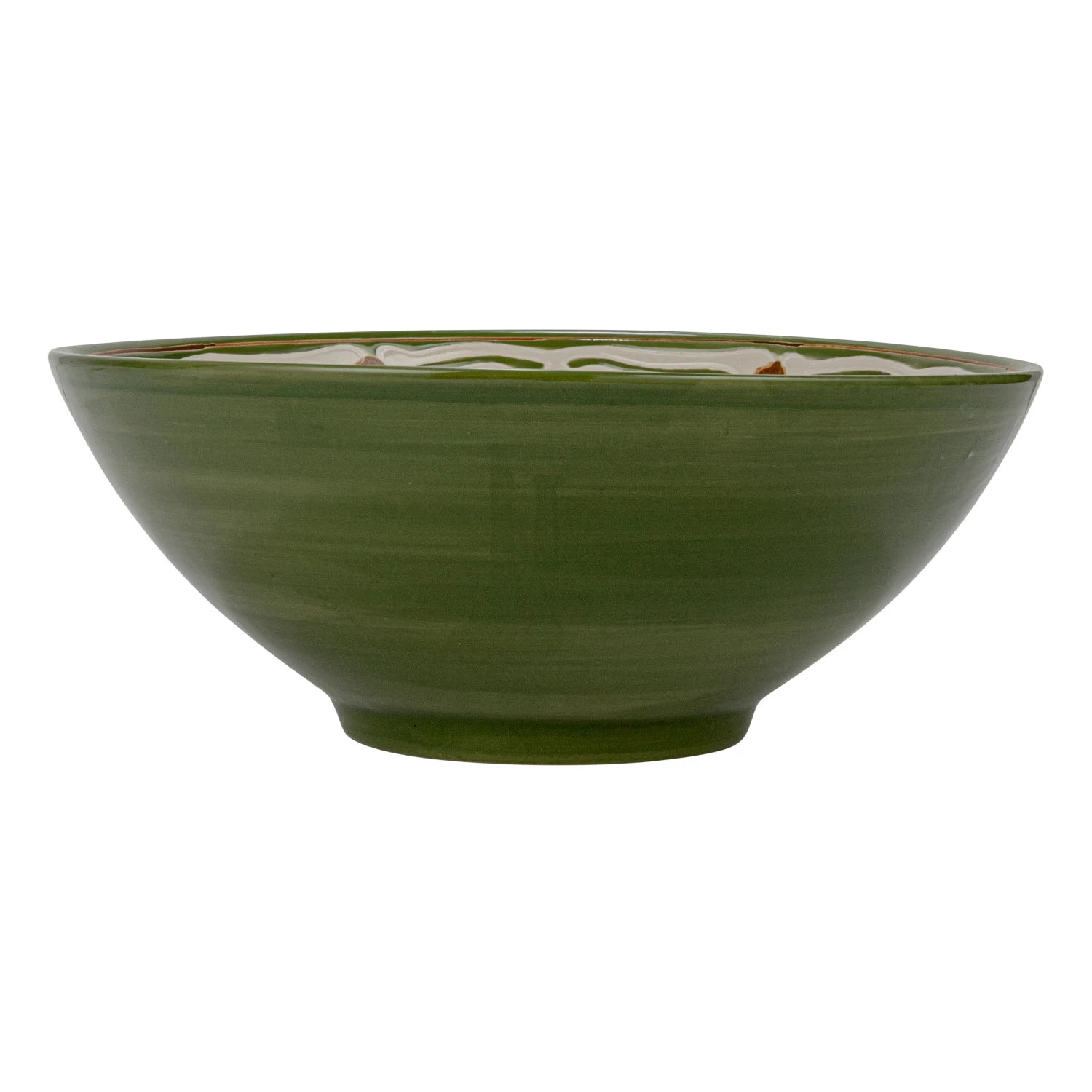 Hand-Painted Stoneware Serving Bowl w/ Design, Green & Brown