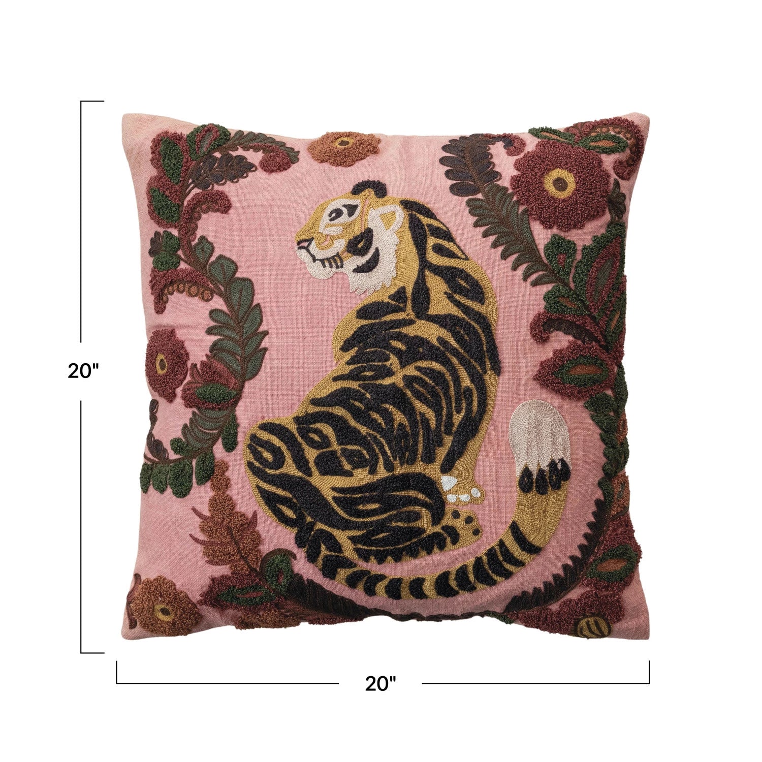 20" Square Cotton Slub Pillow w/ Embroidered Tiger & Flowers