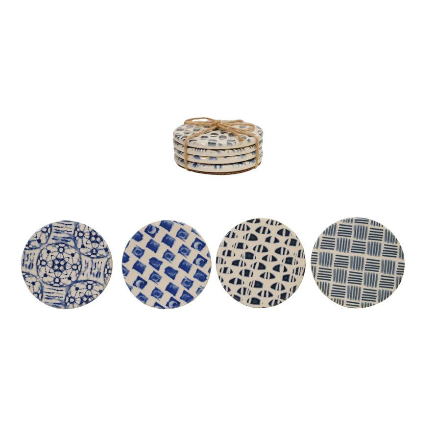 Creative Co-Op | 4" Round Stoneware Pattern Coaster, Set of 4
