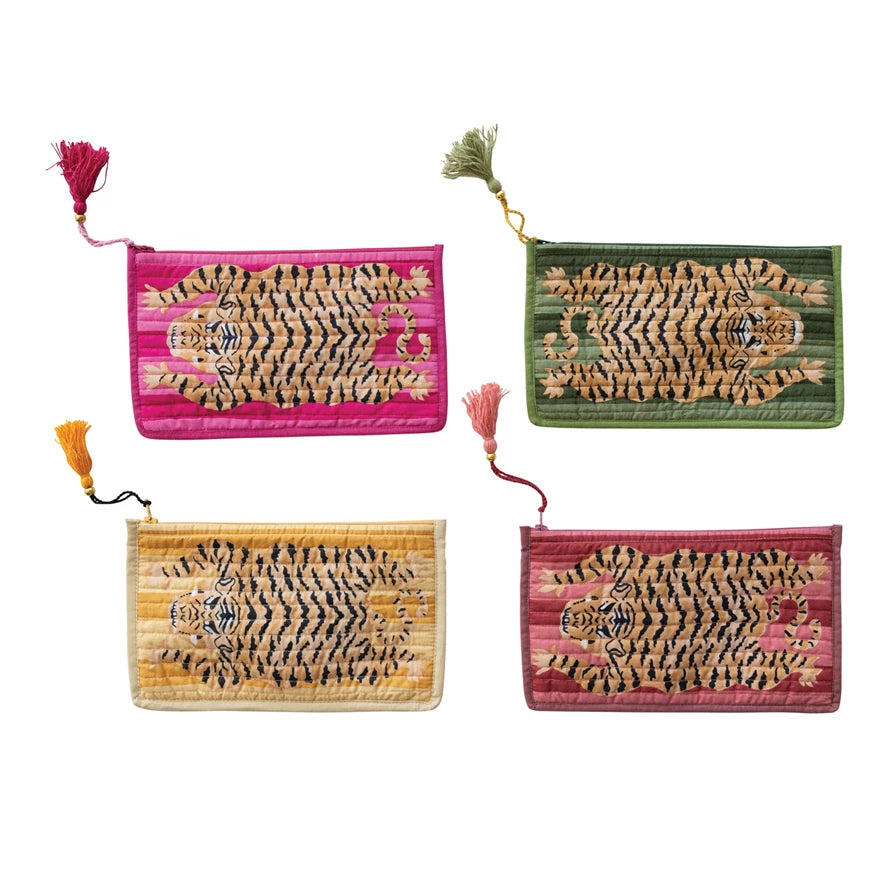 Cotton Voile Printed Zip Pouch with Interior Coating – Tiger Tassel Design