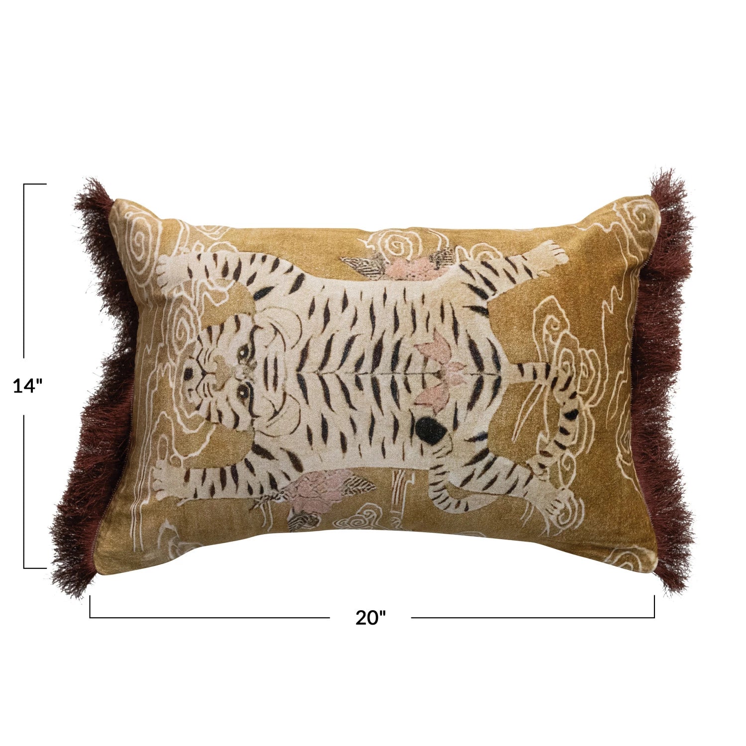 Cotton Velvet Printed Lumbar Pillow w/ Tibetan Tiger & Fringe