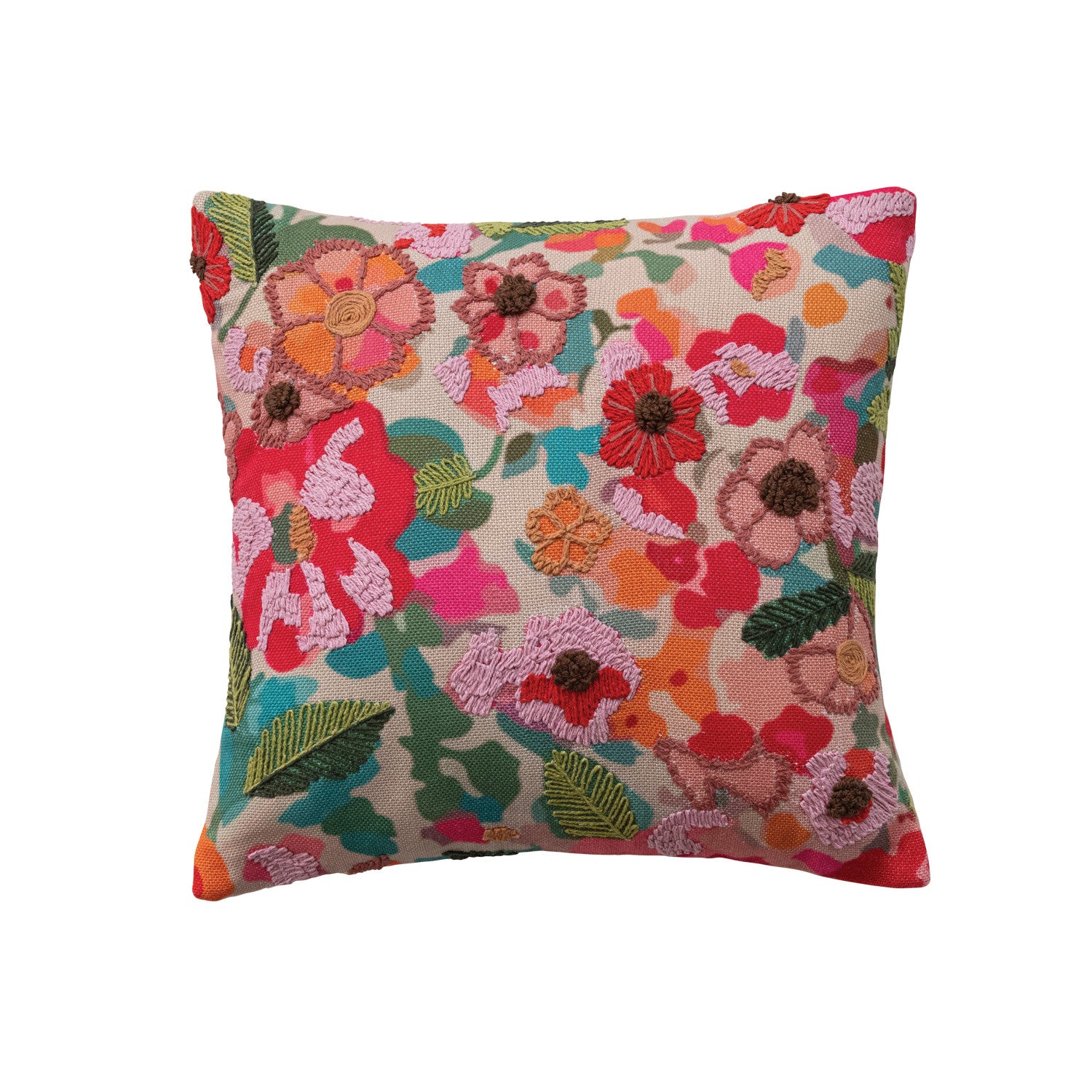 Creative Co-Op | 18" Square Fabric Pillow with Flowers Embroidery & Cotton Back