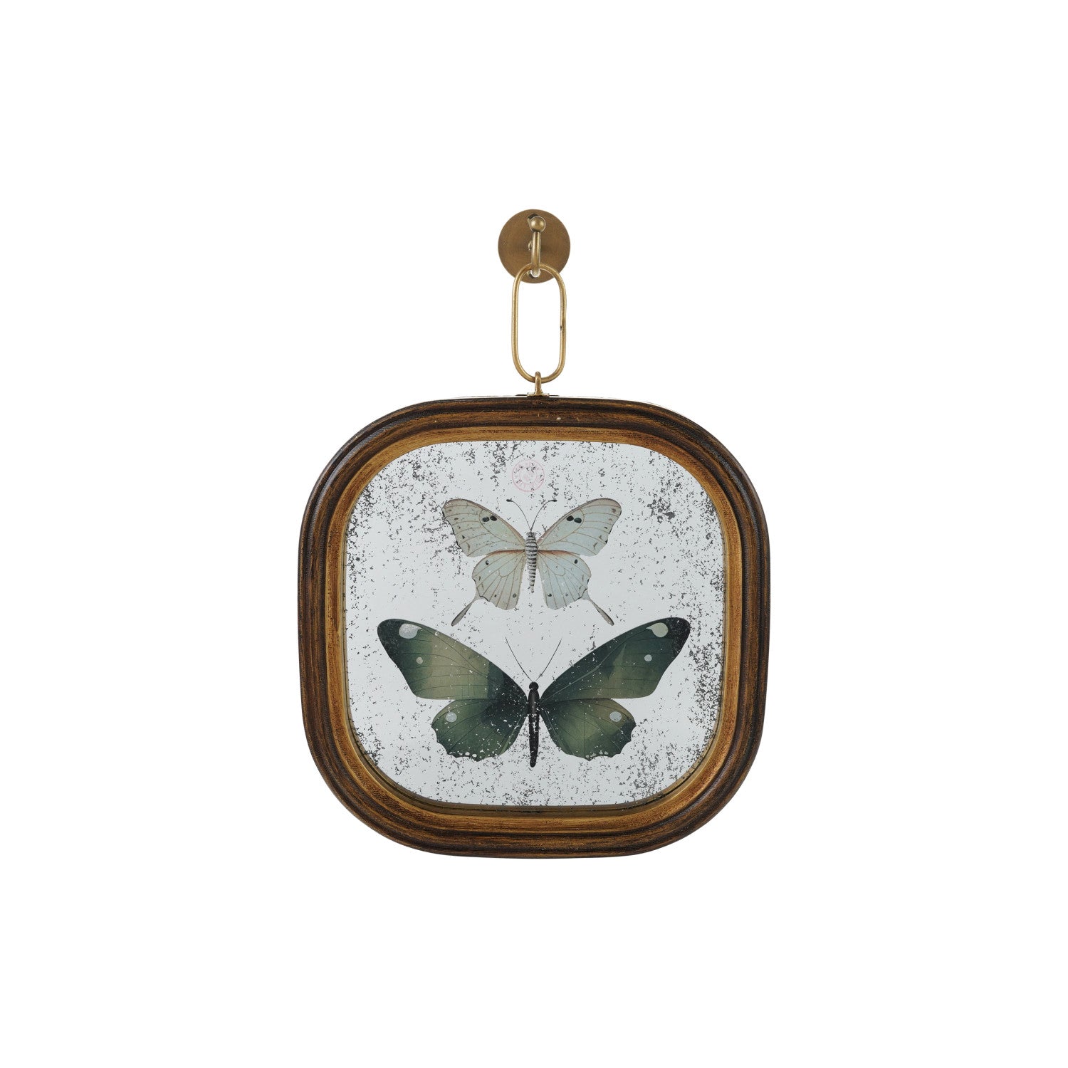 Creative Co-Op | Square Wood Framed Antique Mirror Wall Decor with Butterflies & Metal Wall Hook