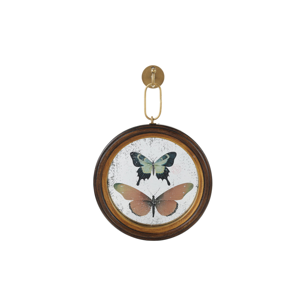 Creative Co-Op | Circle Wood Framed Antique Mirror Wall Decor with Butterflies & Metal Wall Hook