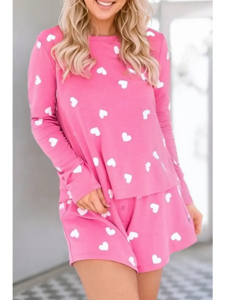 Pink Valentine Heart Print 2pcs Shorts Lounge Set