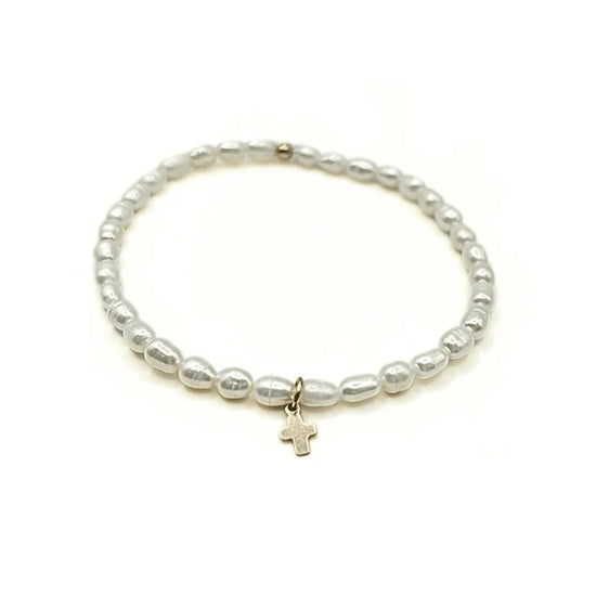 Erin Gray | Rice Pearl Waterproof Bracelet with a Gold-Filled Luxe Cross