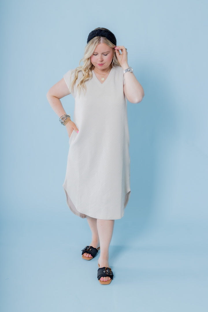 The Textured Round Hem Midi Dress