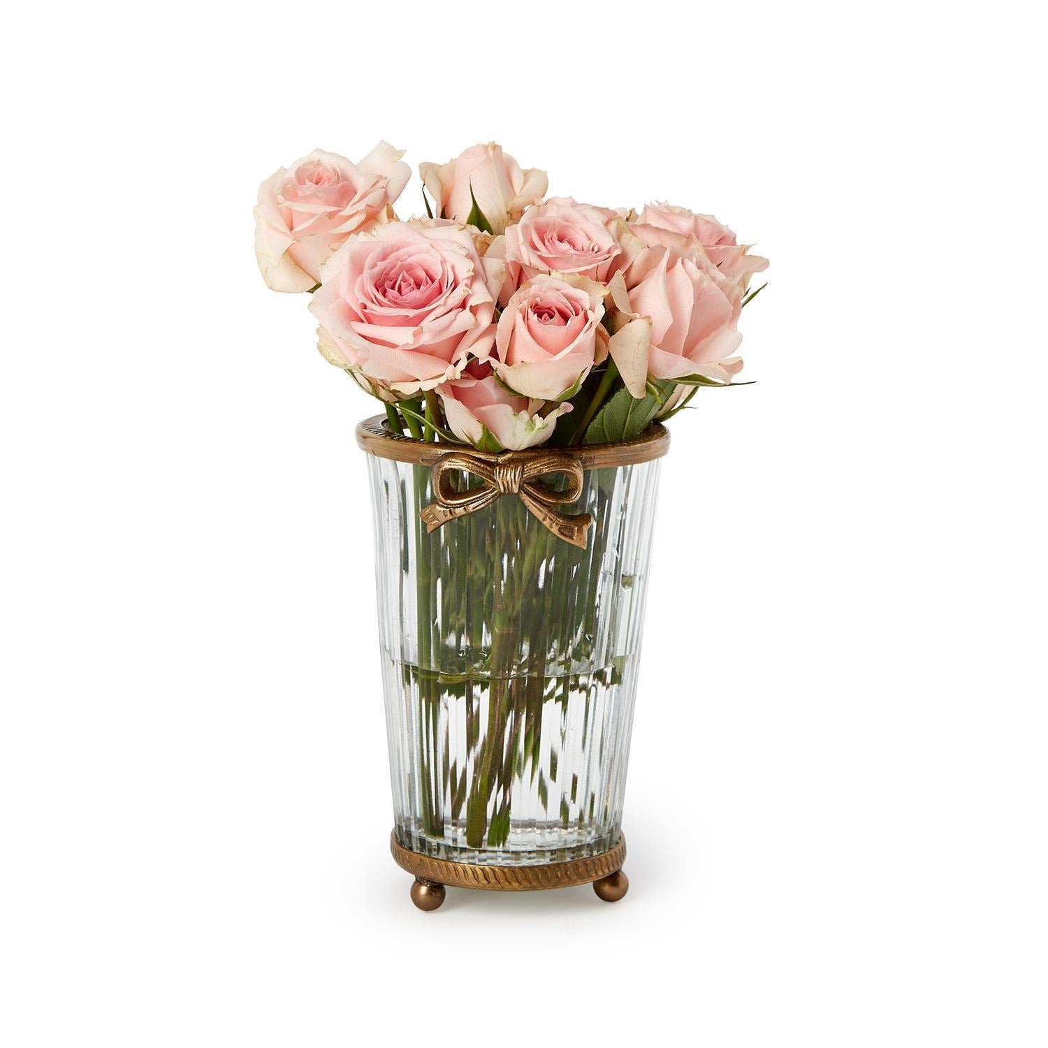 Two's Company | Antique Gold Finish Hand Cut Glass Vase with Bow Accent - Glass/Brass