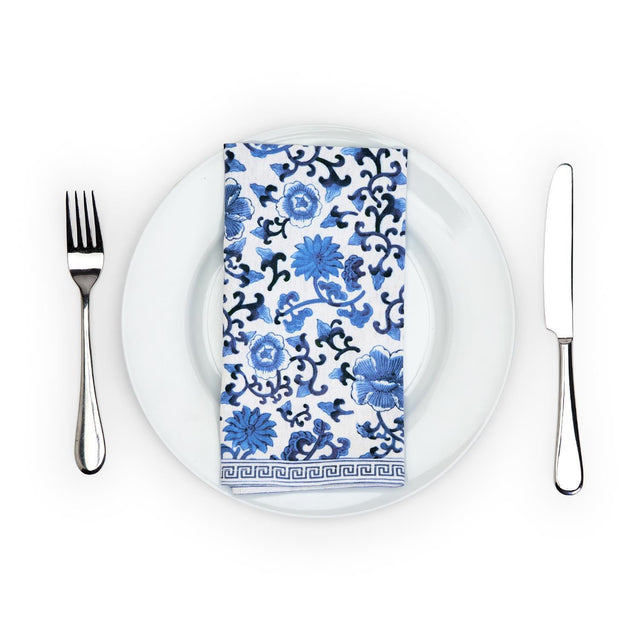 Chinoiserie Set of 4 Blue and White Floral Pattern Napkins