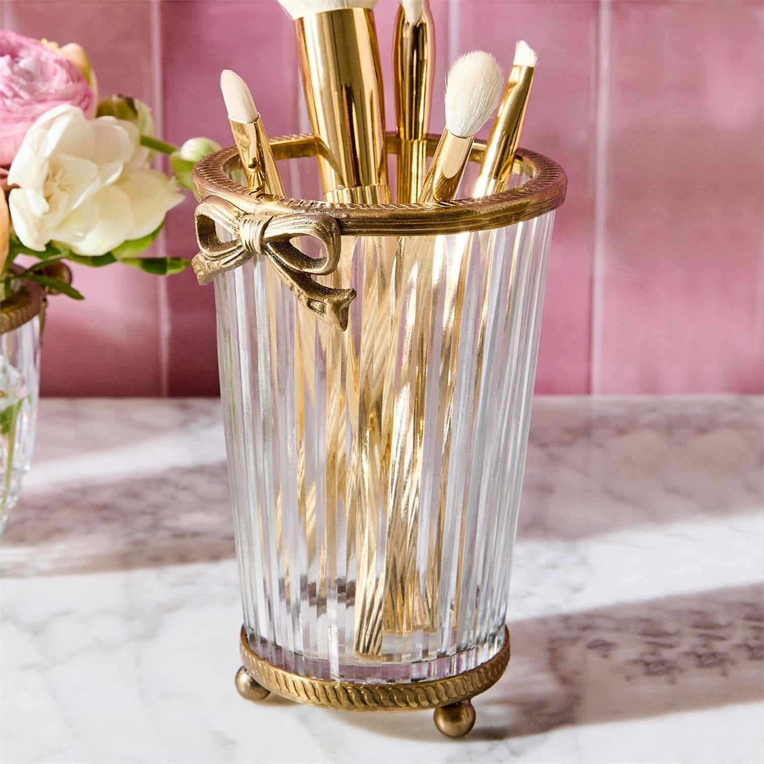 Two's Company | Antique Gold Finish Hand Cut Glass Vase with Bow Accent - Glass/Brass