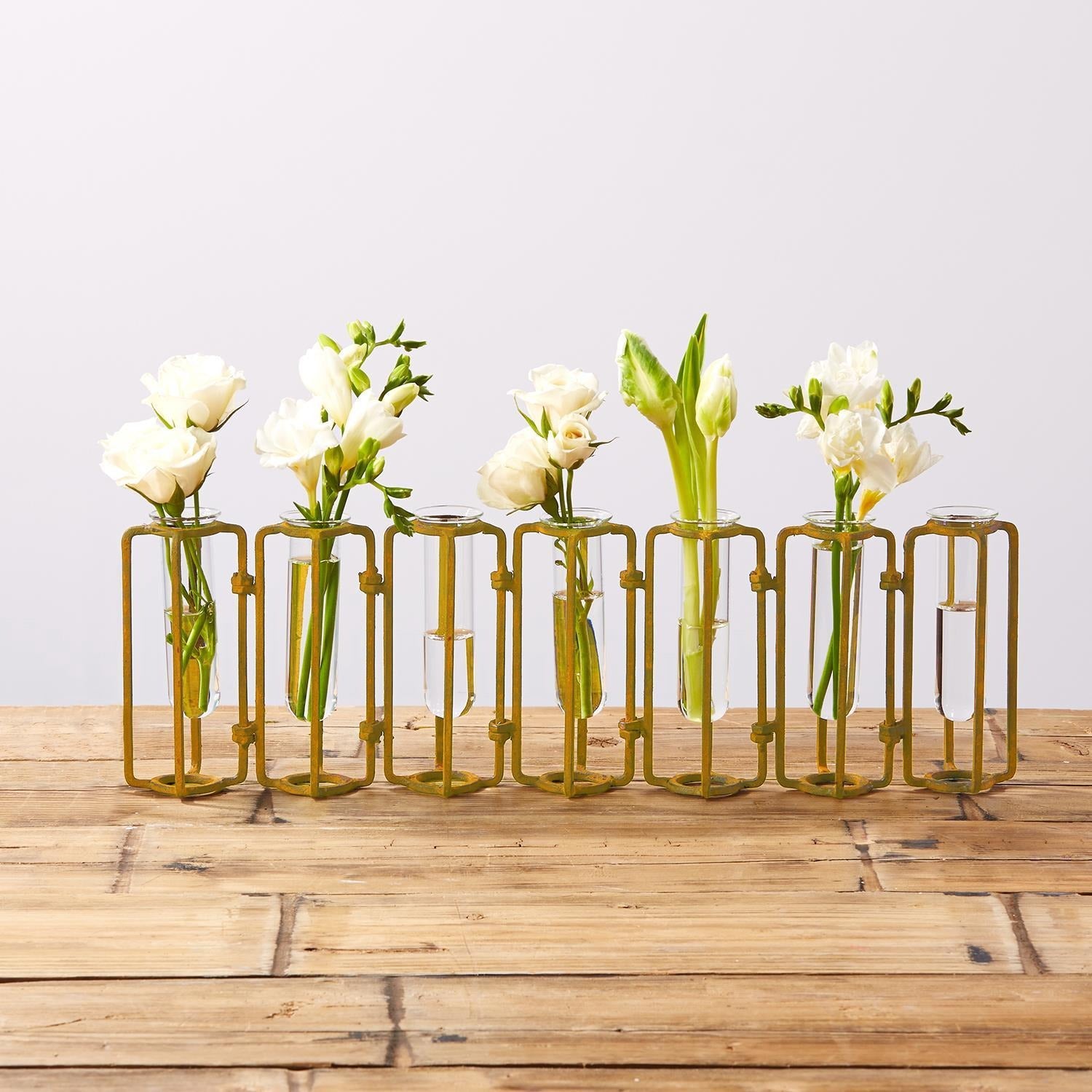 Lavoisier Set of 7 Hinged Flower Vase with Antiqued Gold Finish