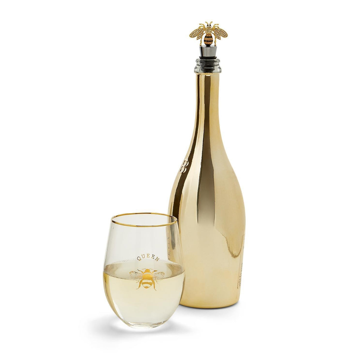 Queen Bee Stemless Wine Glass with Jeweled Bee Wine Stopper