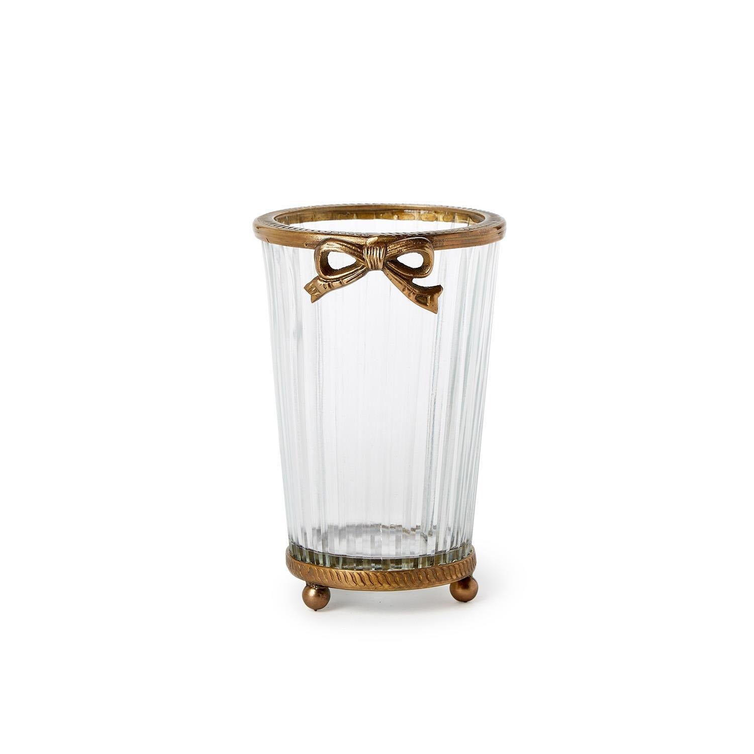 Two's Company | Antique Gold Finish Hand Cut Glass Vase with Bow Accent - Glass/Brass