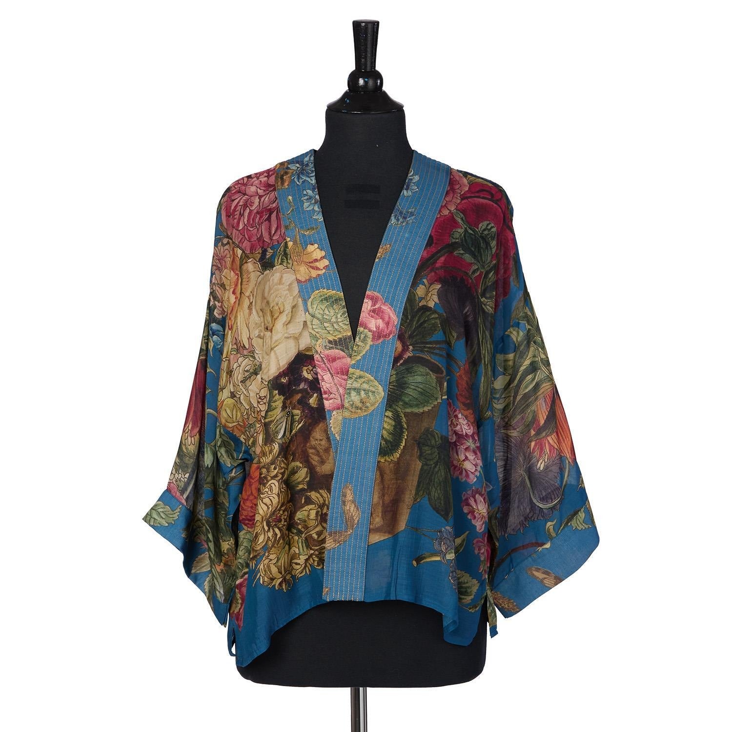 Primula Print Teal Short Kimono Jacket
