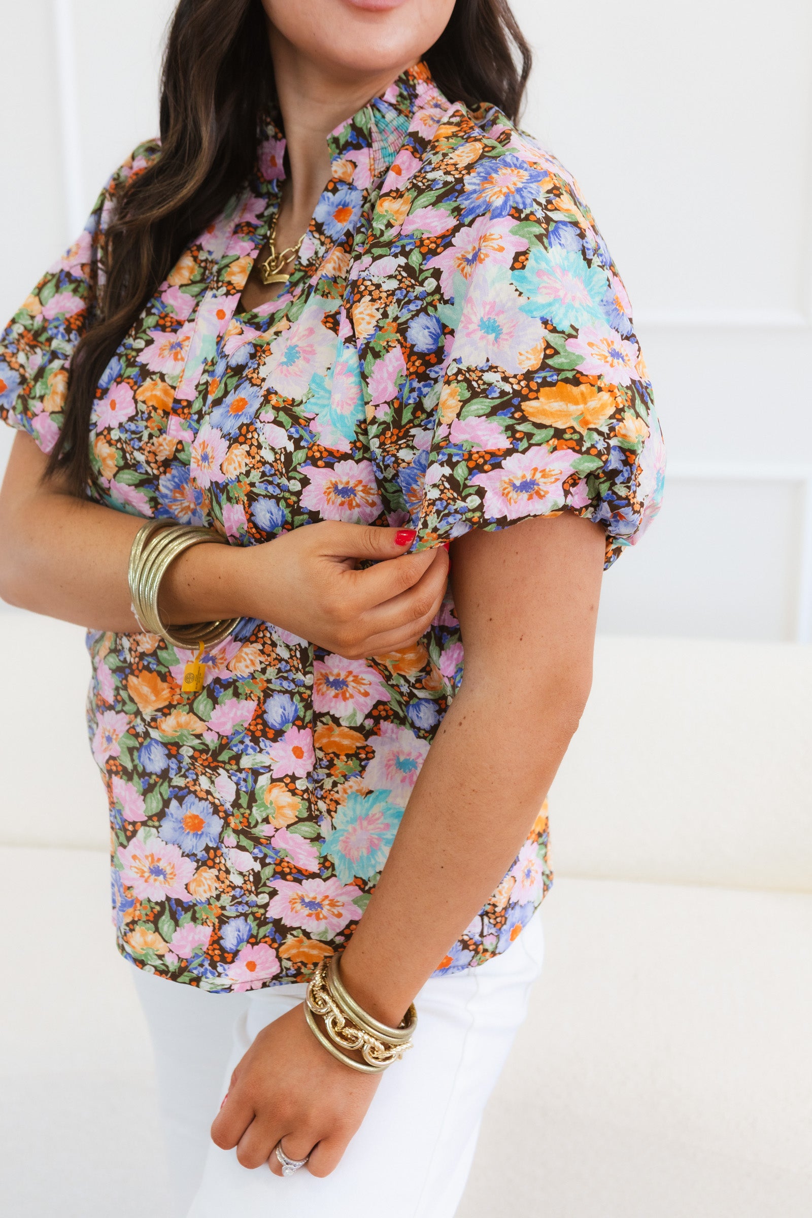 Mix Floral Short Sleeve Button-Front Top