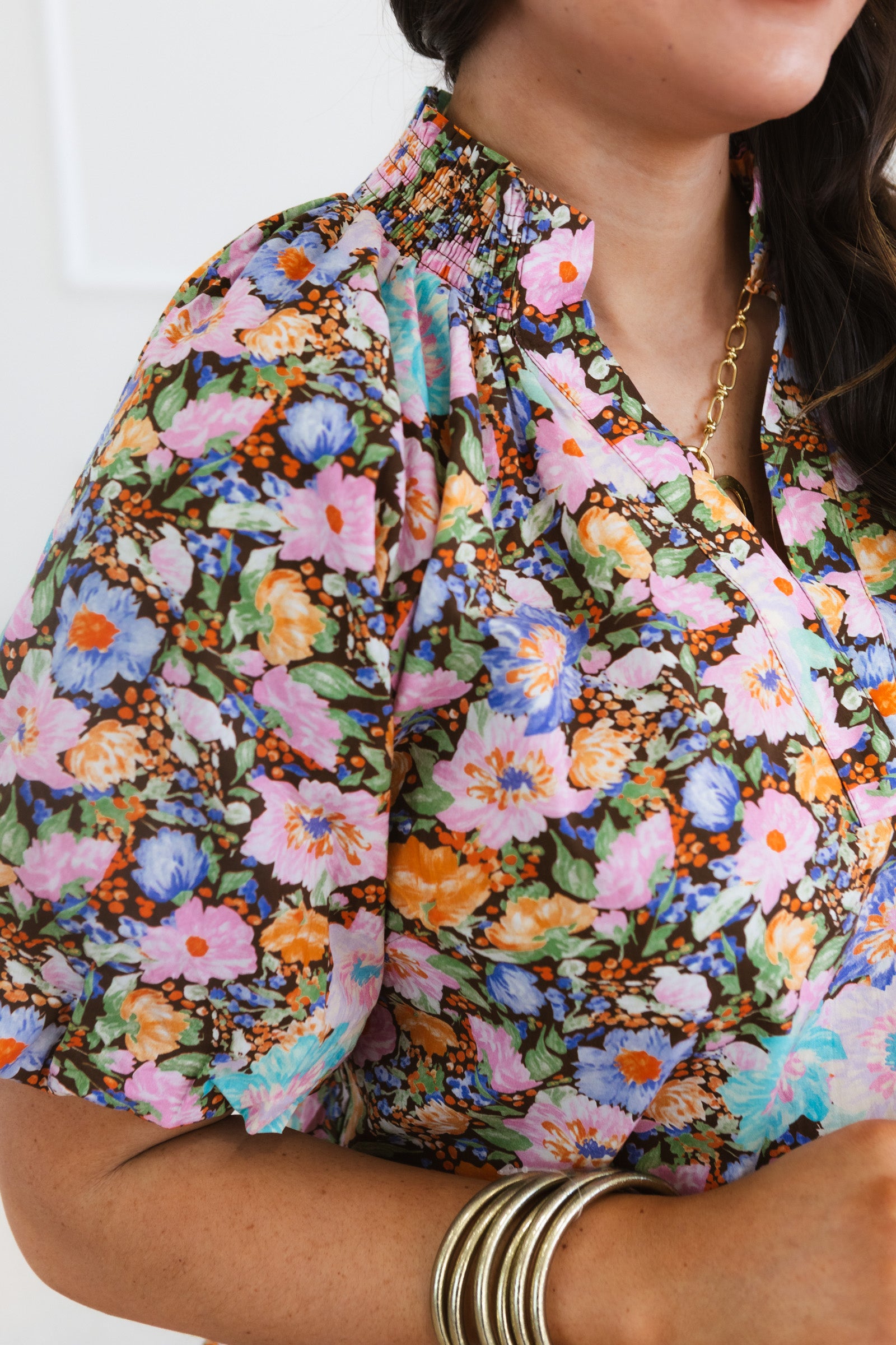 Mix Floral Short Sleeve Button-Front Top
