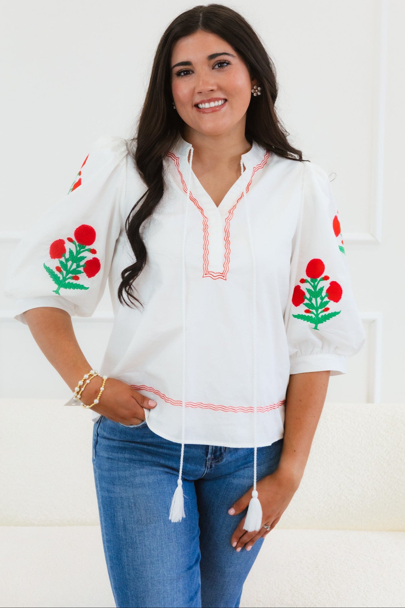 Embroidered Puff Sleeve Tassel Tie Cotton Top