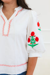 Embroidered Puff Sleeve Tassel Tie Cotton Top
